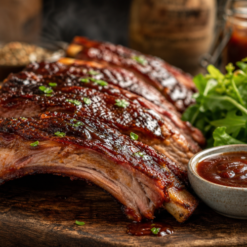Travers de porc à la texane, caramélisés et brillants, présentés sur une planche en bois avec une sauce barbecue et une