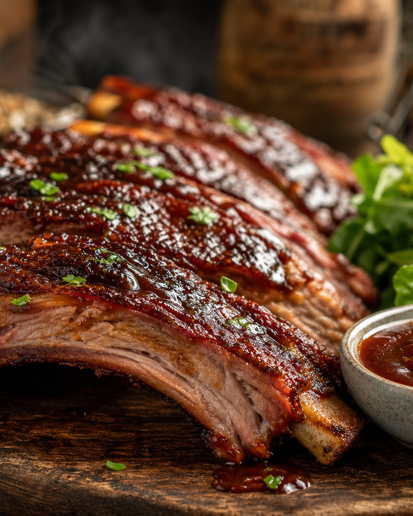 Travers de porc à la texane, caramélisés et brillants, présentés sur une planche en bois avec une sauce barbecue et une