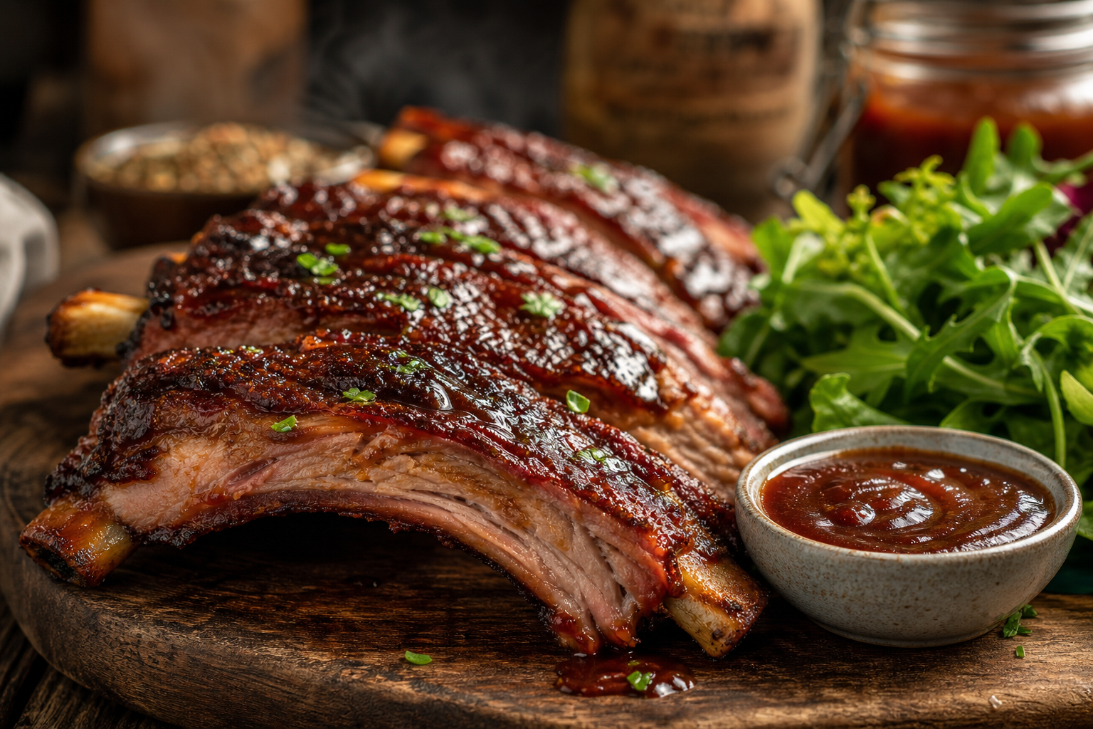 Travers de porc à la texane, caramélisés et brillants, présentés sur une planche en bois avec une sauce barbecue et une