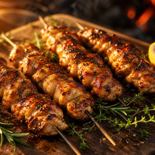 Brochettes de poulet grillées avec marinade, présentées sur une planche en bois avec herbes et citron, style barbecue.