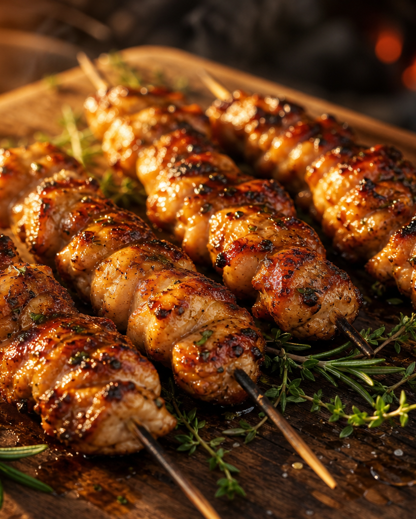 Brochettes de poulet grillées avec marinade, présentées sur une planche en bois avec herbes et citron, style barbecue.