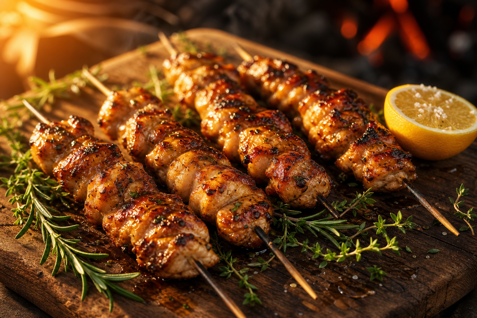 Brochettes de poulet grillées avec marinade, présentées sur une planche en bois avec herbes et citron, style barbecue.