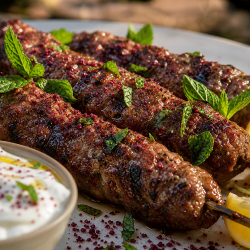 Brochettes de keftas libanais grillées, sauce blanche au yaourt, citrons et menthe fraîche sur assiette blanche, fond de