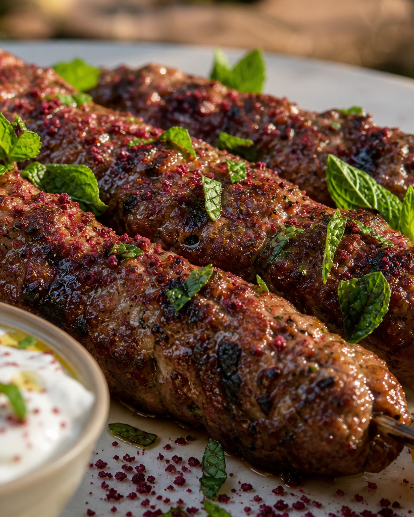 Brochettes de keftas libanais grillées, sauce blanche au yaourt, citrons et menthe fraîche sur assiette blanche, fond de
