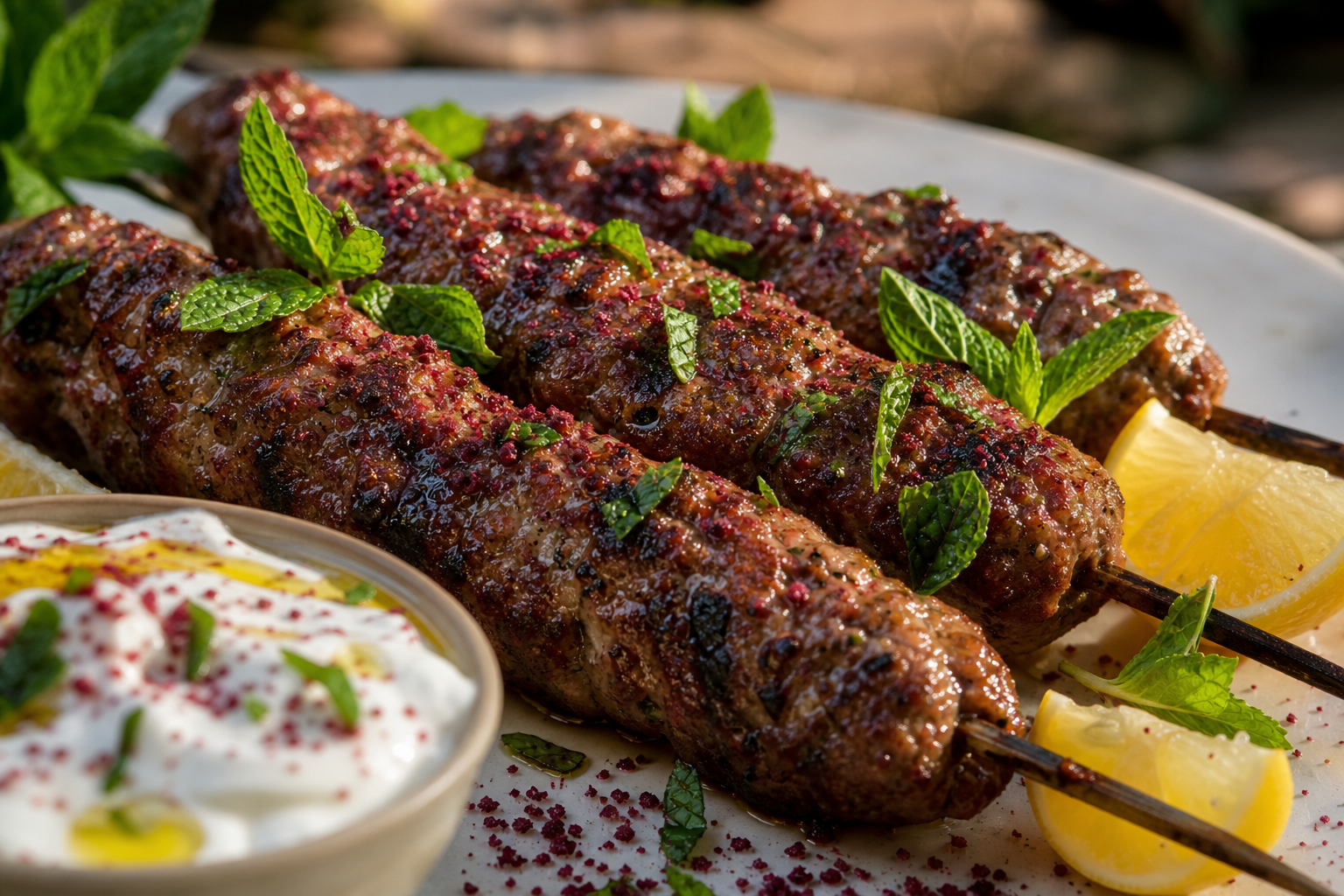 Brochettes de keftas libanais grillées, sauce blanche au yaourt, citrons et menthe fraîche sur assiette blanche, fond de