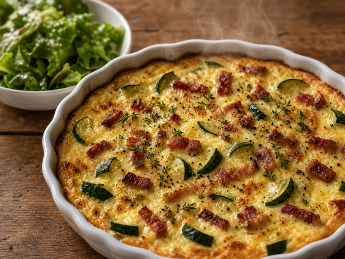 Quiche sans pâte cétogène aux lardons et courgettes, servie sur un plat blanc avec salade verte à côté.