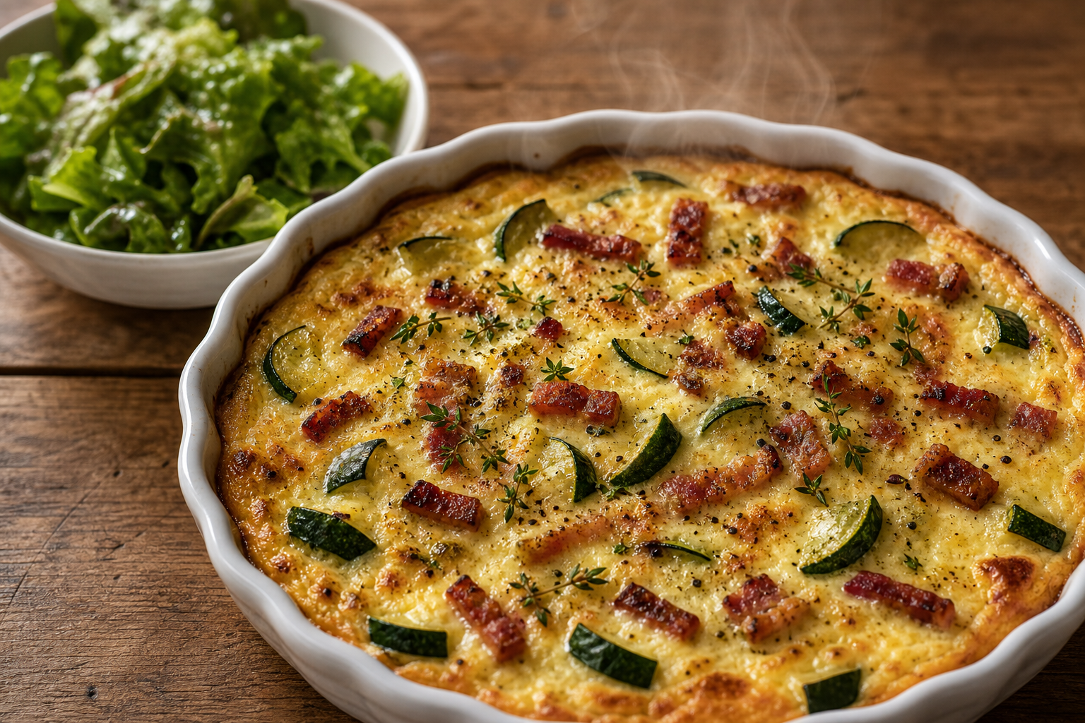 Quiche sans pâte cétogène aux lardons et courgettes, servie sur un plat blanc avec salade verte à côté.