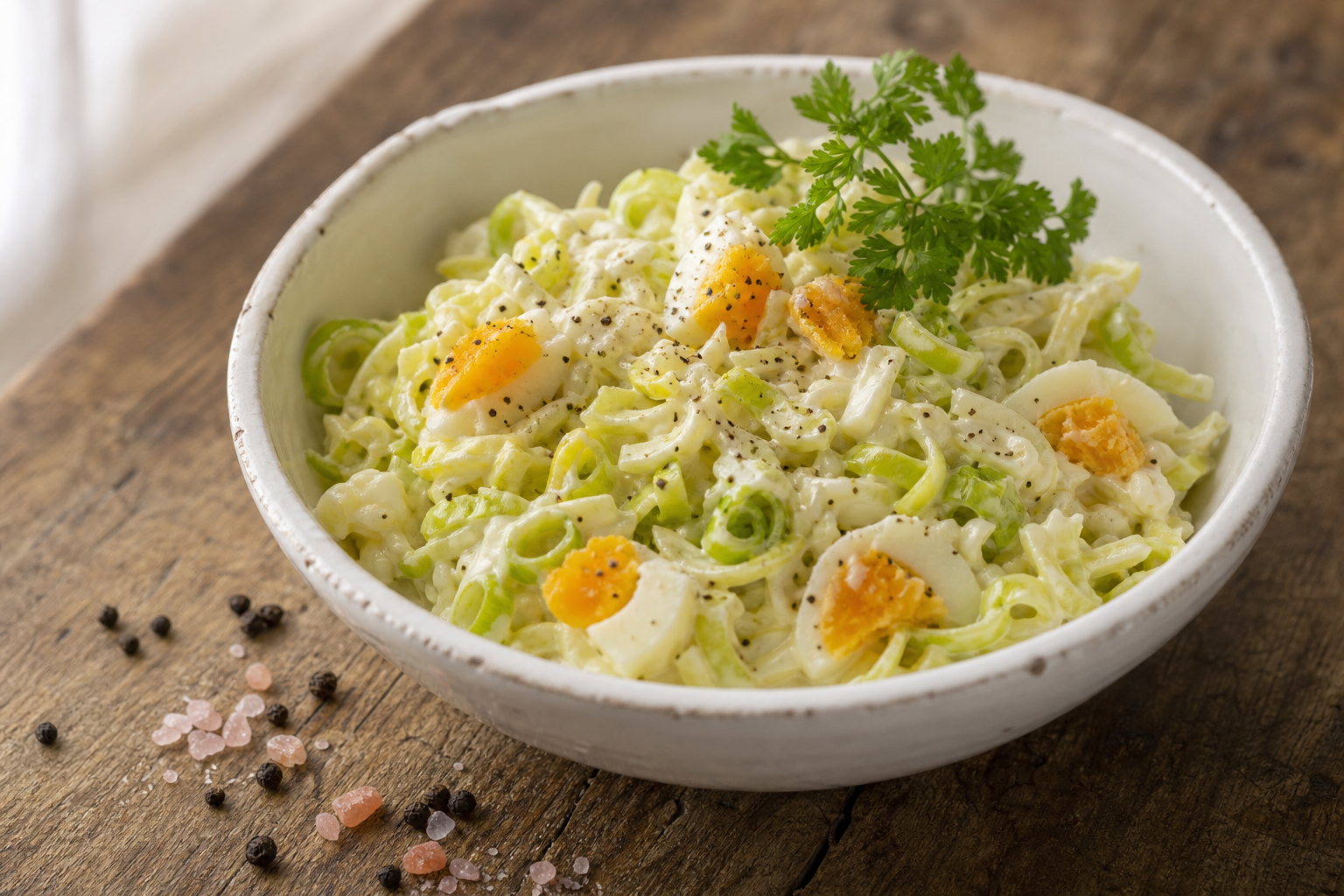 Salade de poireaux crus émincés avec morceaux d'œufs durs et mayonnaise onctueuse, dans un saladier blanc sur une table en