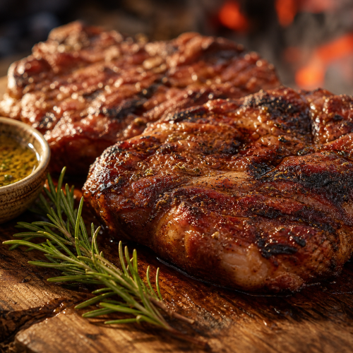 Steaks d'échine de porc grillés avec marinade à l'ail, paprika et herbes, sur une planche en bois. Viande juteuse et