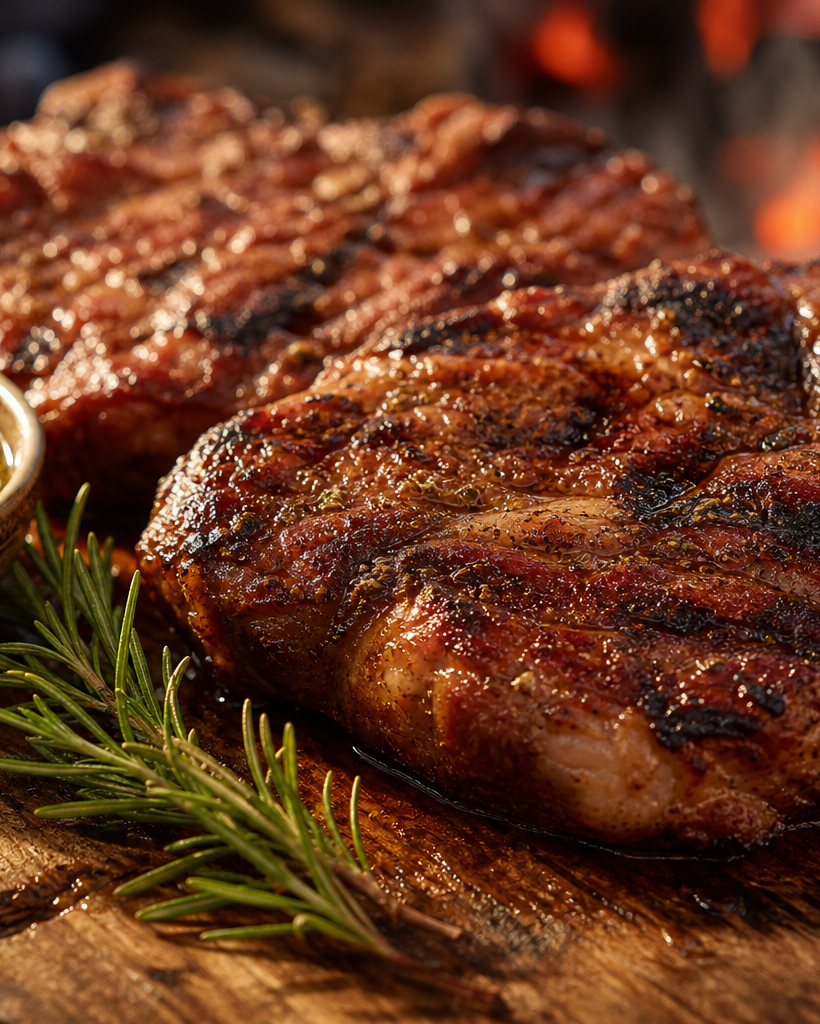 Steaks d'échine de porc grillés avec marinade à l'ail, paprika et herbes, sur une planche en bois. Viande juteuse et