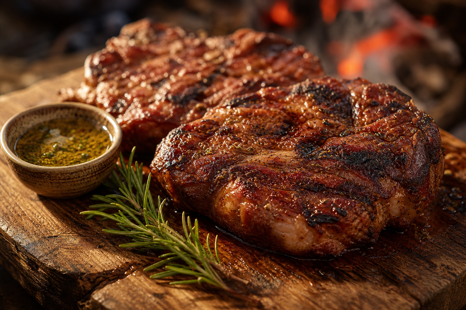 Steaks d'échine de porc grillés avec marinade à l'ail, paprika et herbes, sur une planche en bois. Viande juteuse et