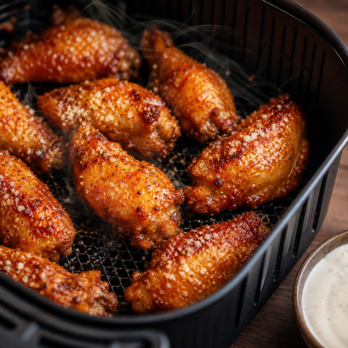 Ailes de poulet keto dorées et croustillantes cuites à l'air fryer, servies avec une sauce ranch
