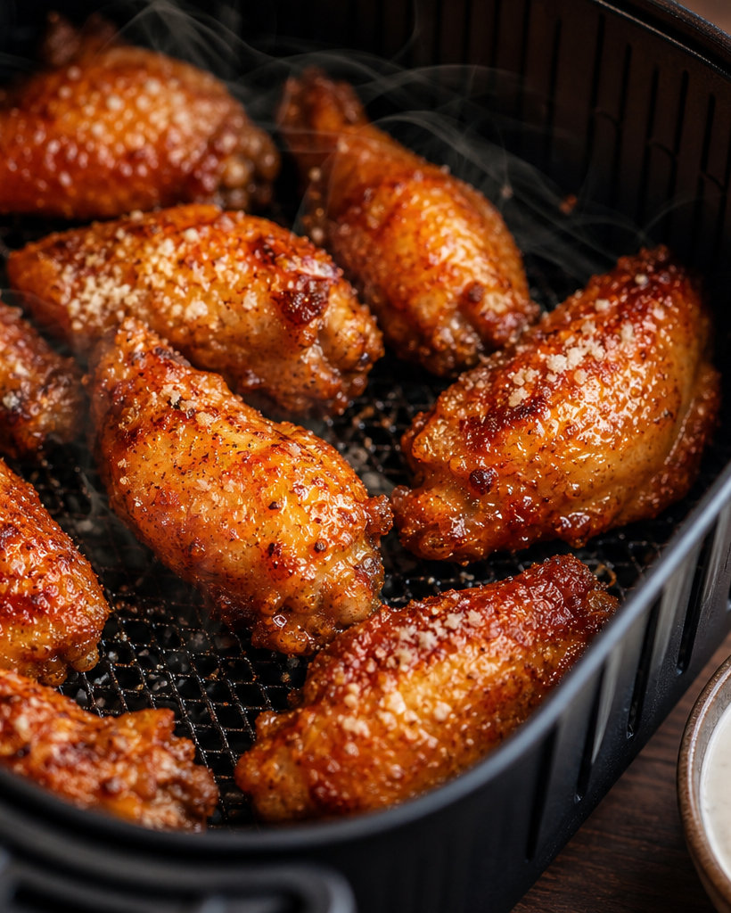 Ailes de poulet keto dorées et croustillantes cuites à l'air fryer, servies avec une sauce ranch