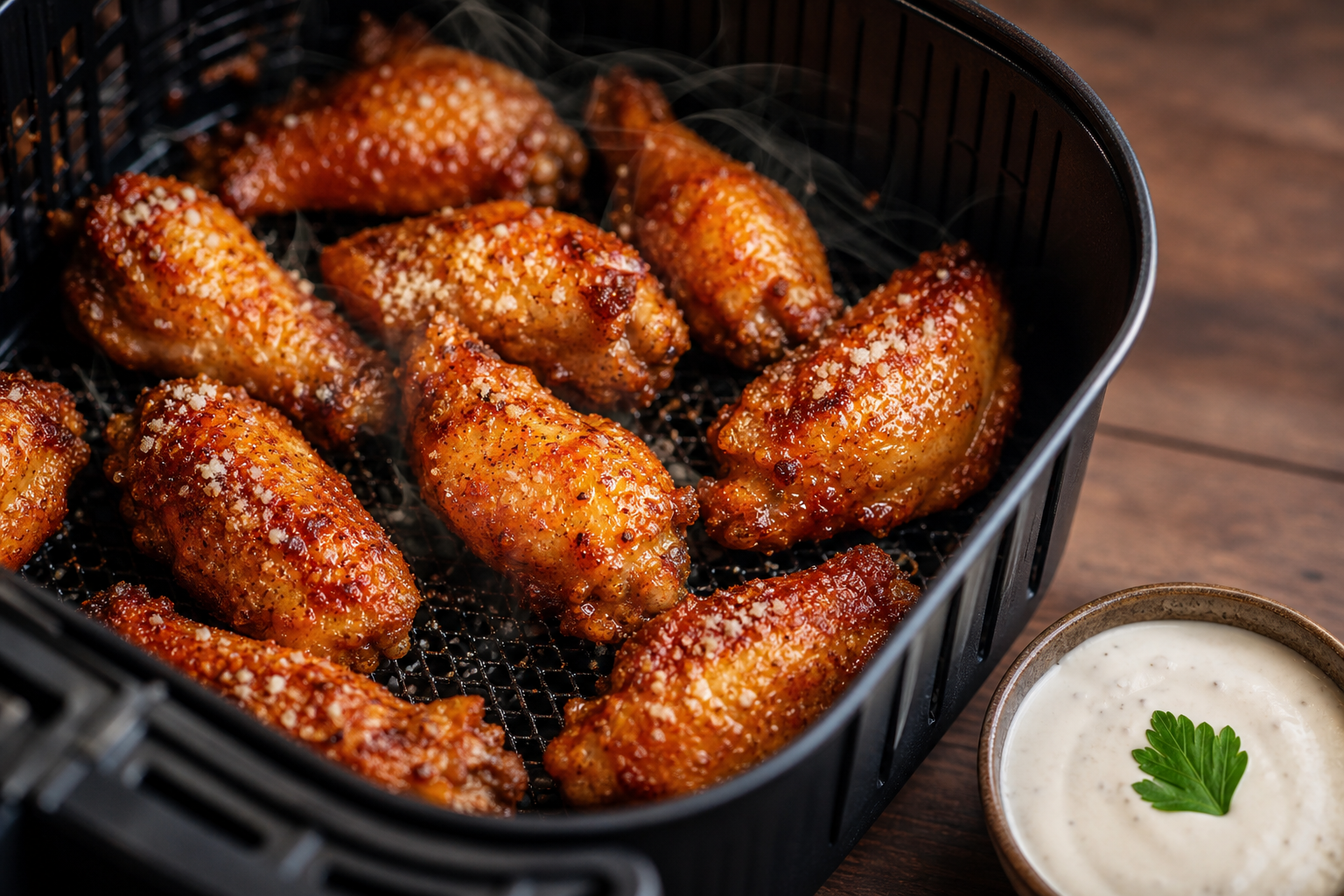 Ailes de poulet keto dorées et croustillantes cuites à l'air fryer, servies avec une sauce ranch