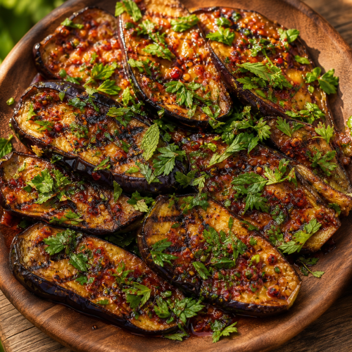 Tranches d'aubergine grillées avec une sauce épicée, garnies de persil et de menthe frais, sur un plat en bois rustique.