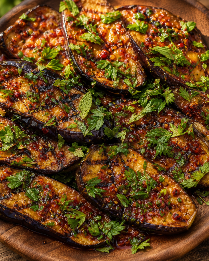 Tranches d'aubergine grillées avec une sauce épicée, garnies de persil et de menthe frais, sur un plat en bois rustique.