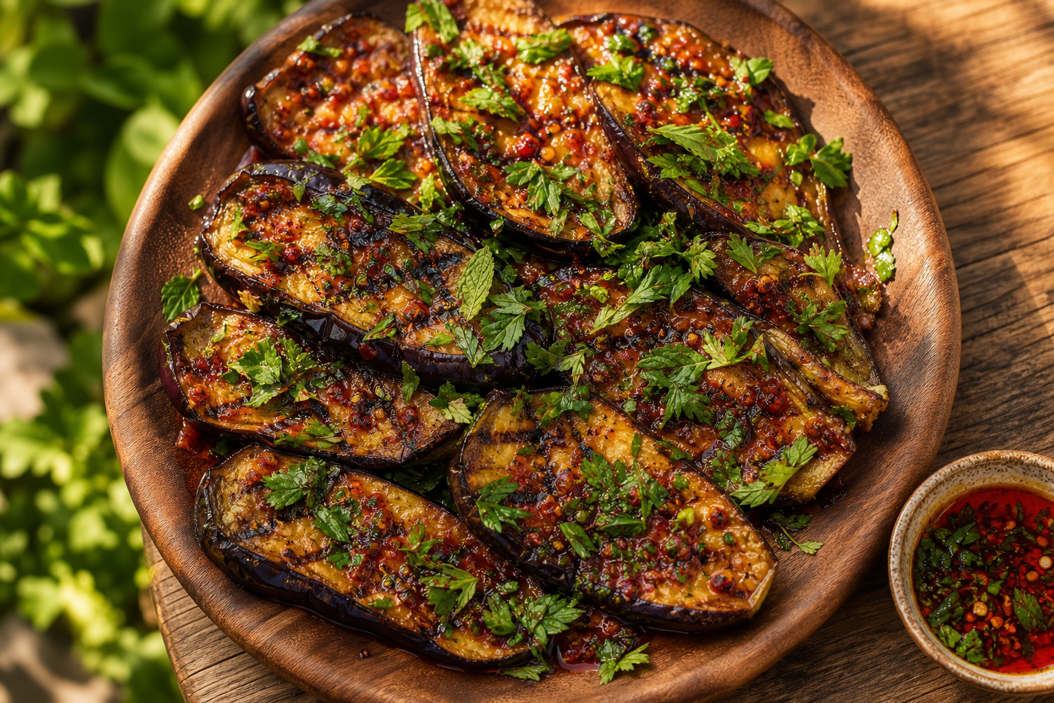 Tranches d'aubergine grillées avec une sauce épicée, garnies de persil et de menthe frais, sur un plat en bois rustique.