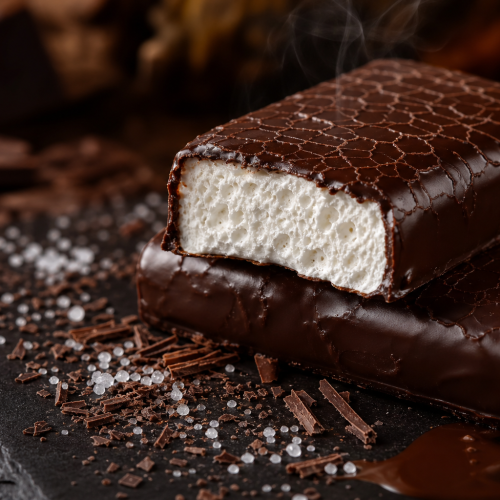 Barres chocolat-guimauve keto en gros plan, enrobées de chocolat noir brillant, posées sur une ardoise noire avec copeaux de