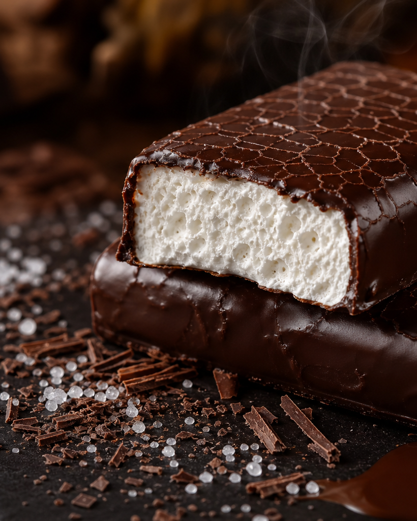 Barres chocolat-guimauve keto en gros plan, enrobées de chocolat noir brillant, posées sur une ardoise noire avec copeaux de