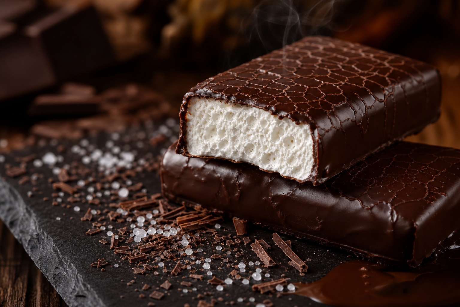 Barres chocolat-guimauve keto en gros plan, enrobées de chocolat noir brillant, posées sur une ardoise noire avec copeaux de
