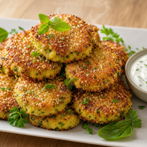 Assiette de beignets de courgette croustillants, panure au parmesan, avec sauce blanche et herbes fraîches.