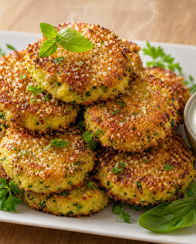 Assiette de beignets de courgette croustillants, panure au parmesan, avec sauce blanche et herbes fraîches.