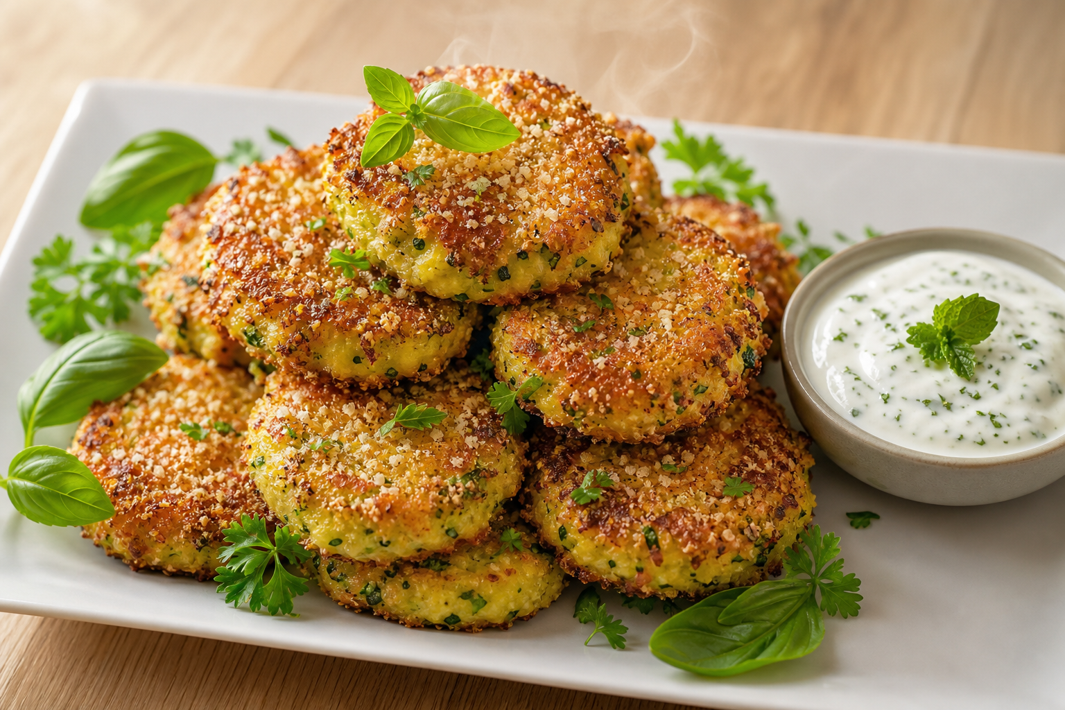 Assiette de beignets de courgette croustillants, panure au parmesan, avec sauce blanche et herbes fraîches.