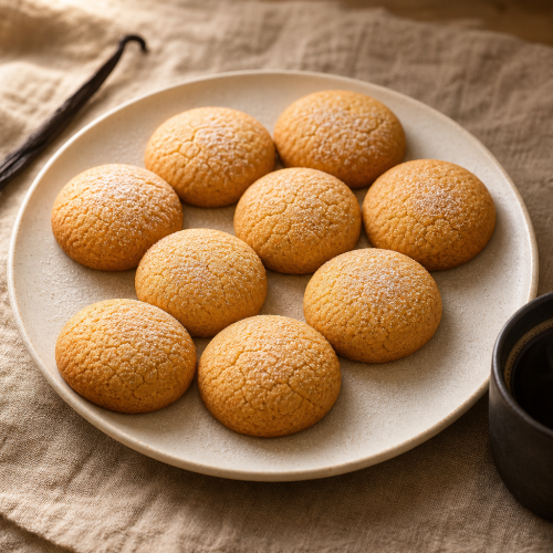 Biscuits vanille keto dorés et croustillants, présentés sur une assiette blanche avec une tasse de café