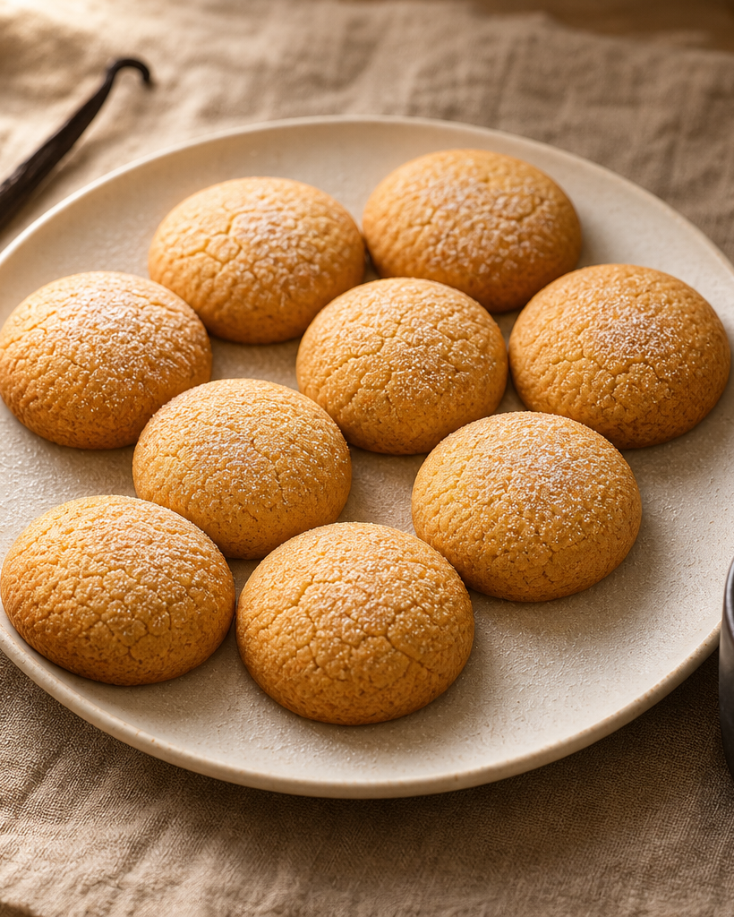Biscuits vanille keto dorés et croustillants, présentés sur une assiette blanche avec une tasse de café