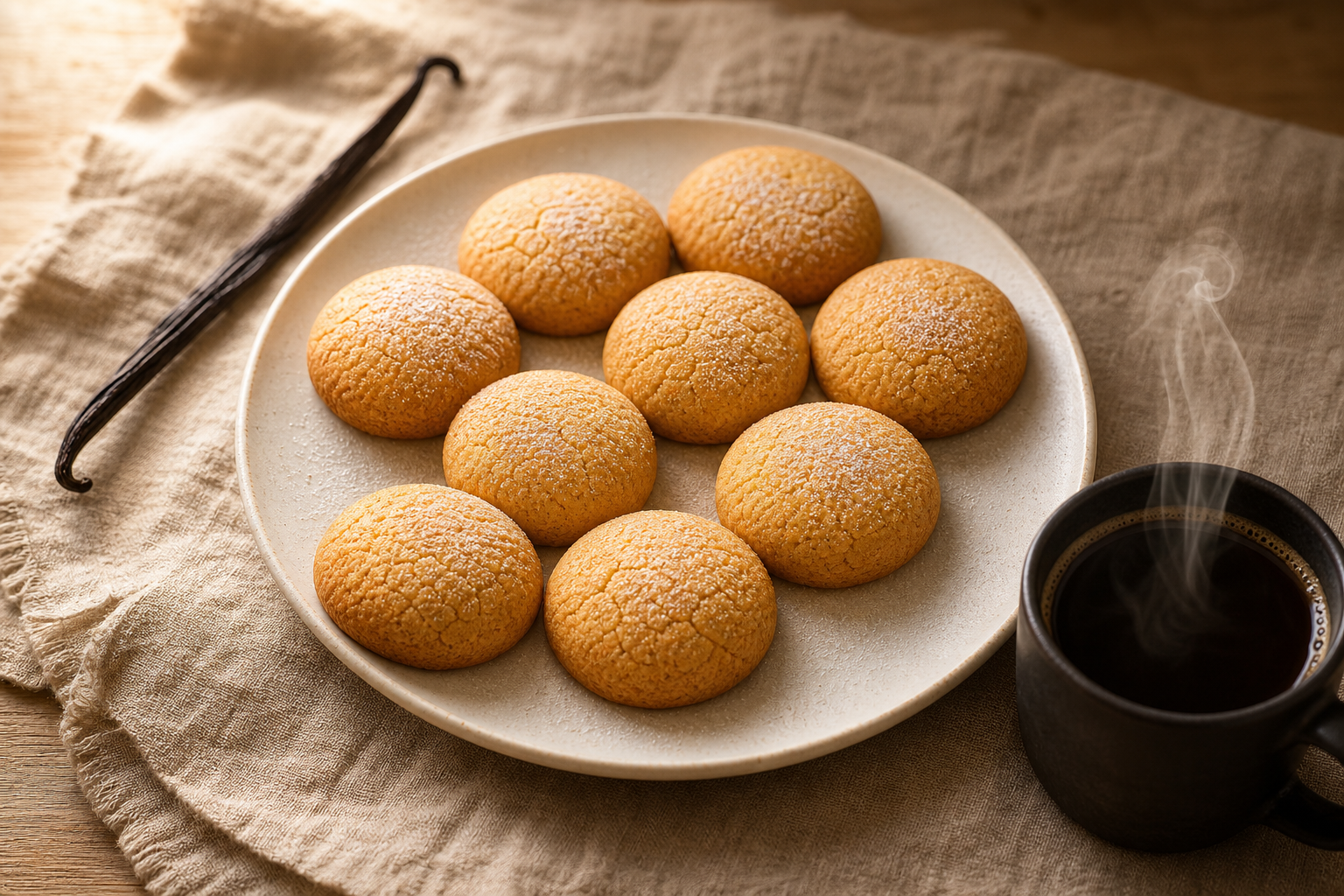 Biscuits vanille keto dorés et croustillants, présentés sur une assiette blanche avec une tasse de café