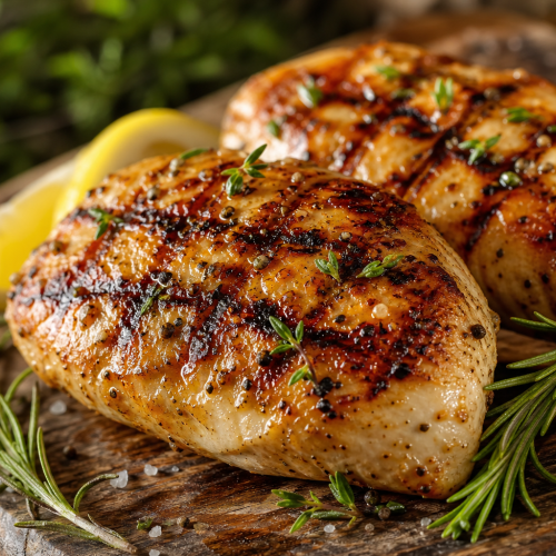 Blancs de poulet marinés au barbecue, grillés avec des marques croisées, servis avec des quartiers de citron et du romarin.