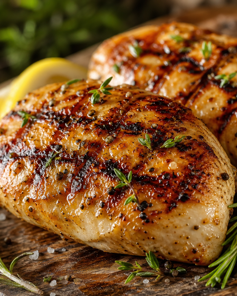 Blancs de poulet marinés au barbecue, grillés avec des marques croisées, servis avec des quartiers de citron et du romarin.