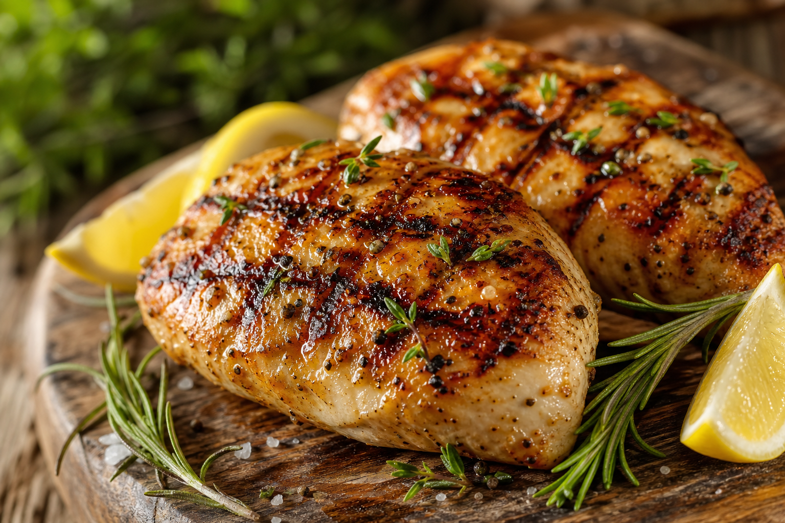 Blancs de poulet marinés au barbecue, grillés avec des marques croisées, servis avec des quartiers de citron et du romarin.