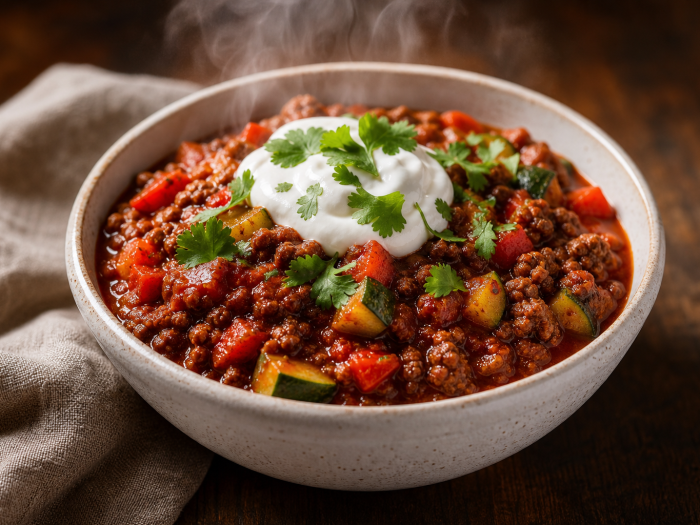 Bol de chili con carne cétogène fumant, garni de crème fraîche et de coriandre, sur une table en bois.