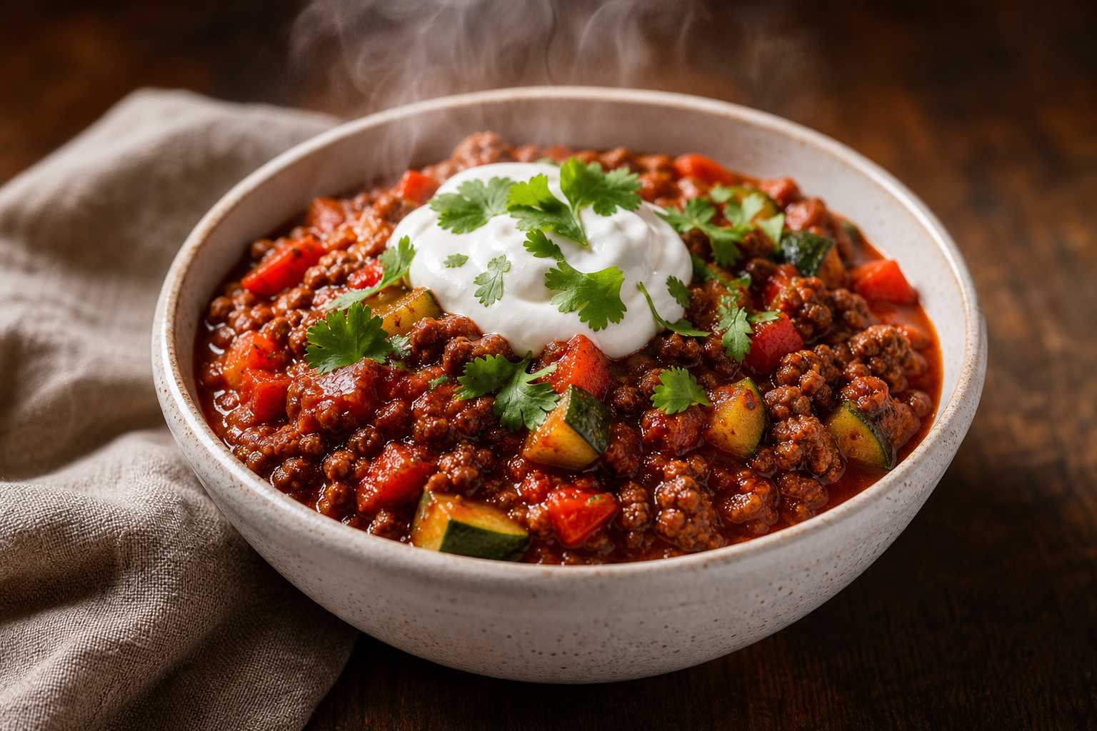 Bol de chili con carne cétogène fumant, garni de crème fraîche et de coriandre, sur une table en bois.