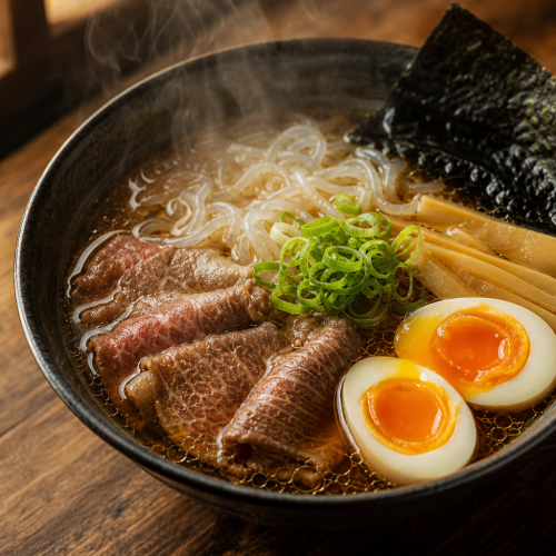 Bol de ramen keto avec bouillon, nouilles de konjac, bœuf tranché, œuf mollet, oignons verts et algue nori.