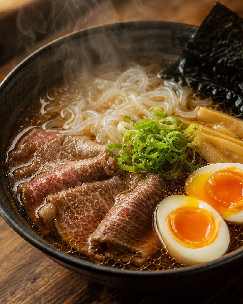 Bol de ramen keto avec bouillon, nouilles de konjac, bœuf tranché, œuf mollet, oignons verts et algue nori.