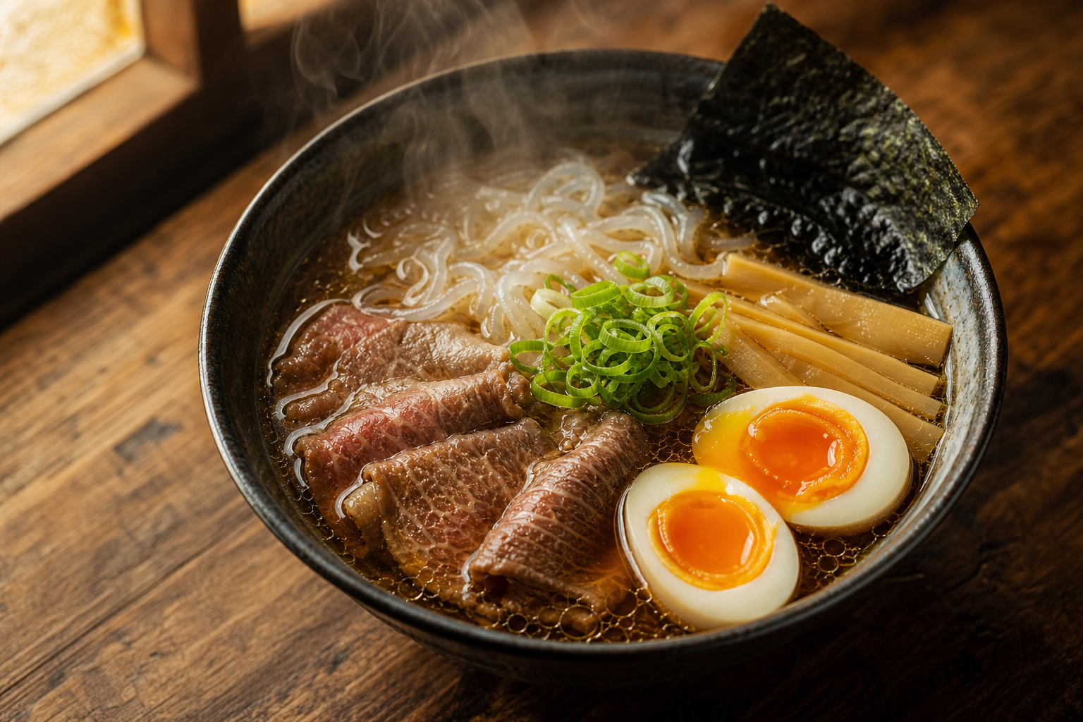 Bol de ramen keto avec bouillon, nouilles de konjac, bœuf tranché, œuf mollet, oignons verts et algue nori.