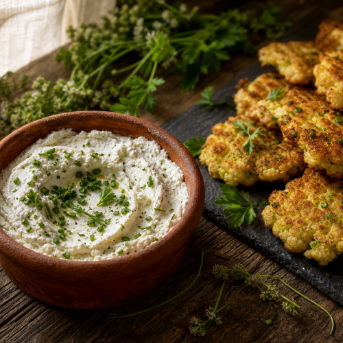 Bol de sarasson ligérien crémeux aux herbes, accompagné de galettes de chou-fleur dorées sur une table en bois