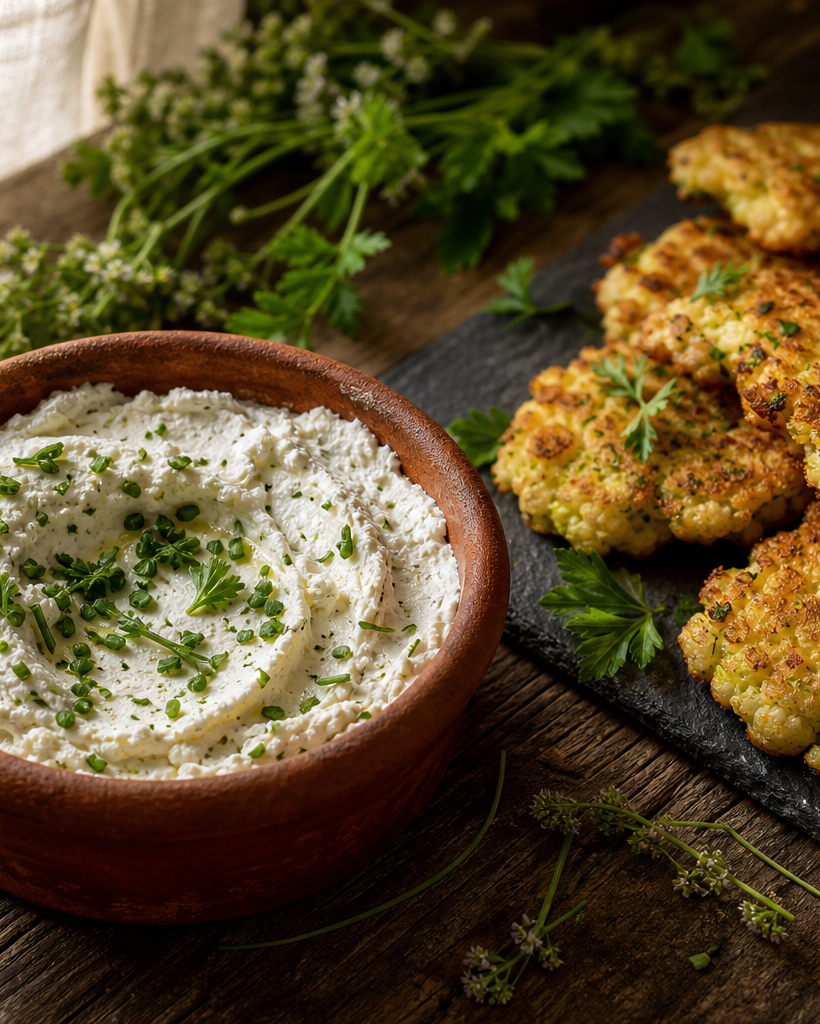 Bol de sarasson ligérien crémeux aux herbes, accompagné de galettes de chou-fleur dorées sur une table en bois