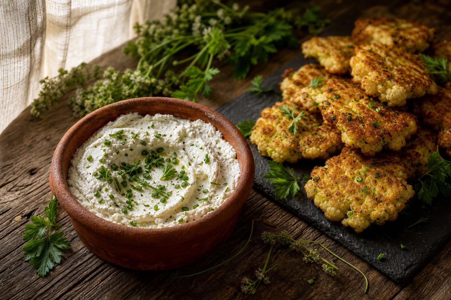 Bol de sarasson ligérien crémeux aux herbes, accompagné de galettes de chou-fleur dorées sur une table en bois