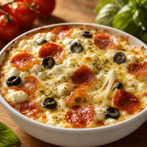 Bol en céramique avec cottage cheese crémeux, mozzarella fondue, pepperoni et olives noires, sur fond bois clair.