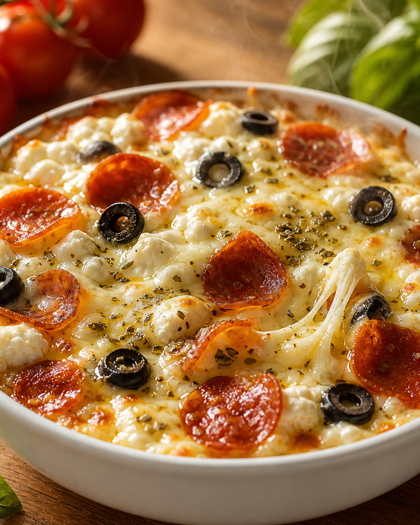 Bol en céramique avec cottage cheese crémeux, mozzarella fondue, pepperoni et olives noires, sur fond bois clair.