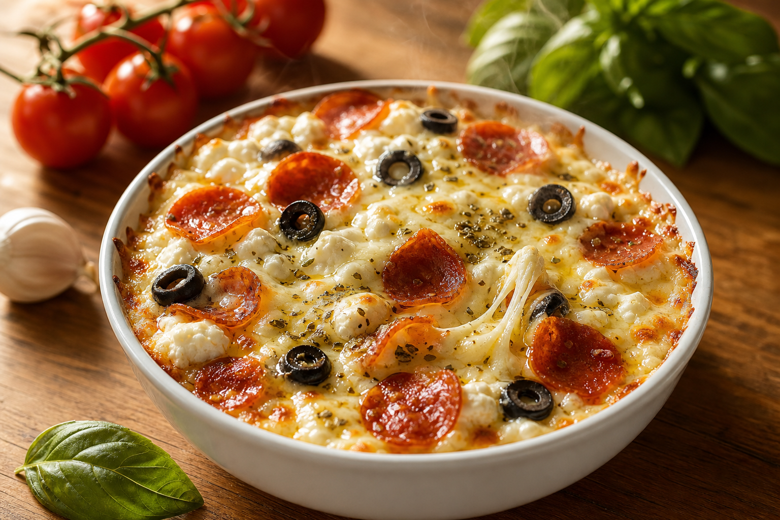 Bol en céramique avec cottage cheese crémeux, mozzarella fondue, pepperoni et olives noires, sur fond bois clair.