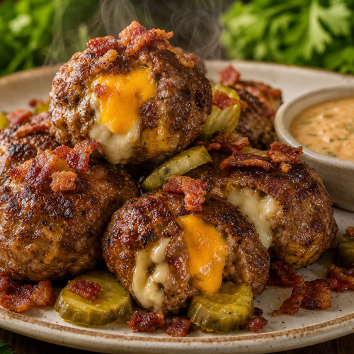 Boulettes de viande façon cheeseburger dans une assiette blanche, avec fromage fondu, bacon et cornichons