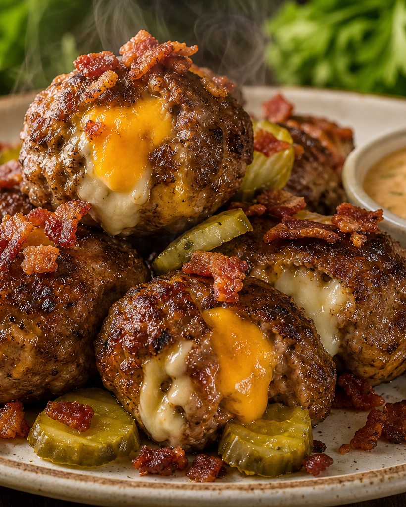Boulettes de viande façon cheeseburger dans une assiette blanche, avec fromage fondu, bacon et cornichons