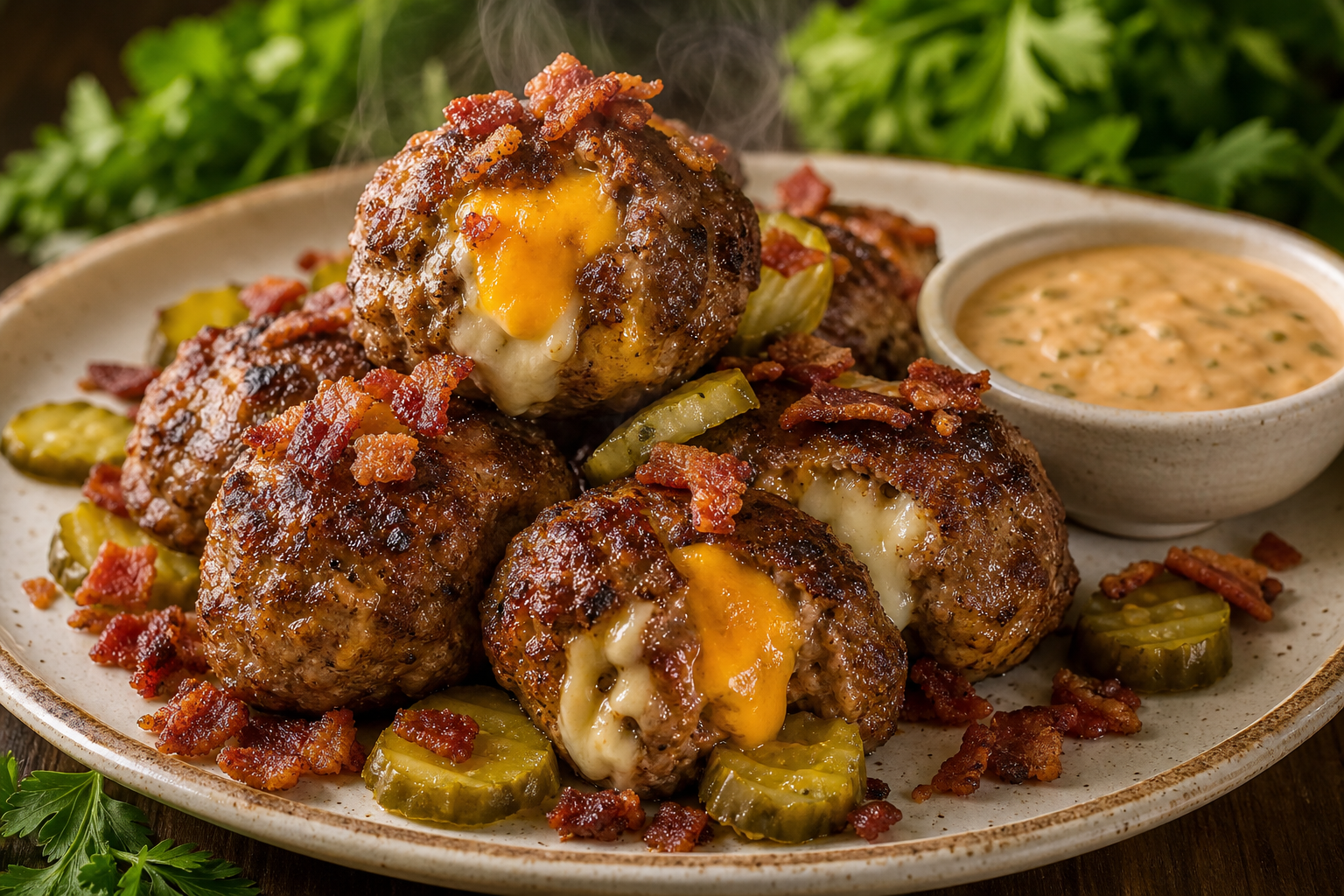 Boulettes de viande façon cheeseburger dans une assiette blanche, avec fromage fondu, bacon et cornichons