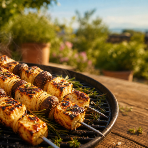 Brochettes de Halloumi grillé, champignons et oignons sur un barbecue, lumière chaude du soir, décor estival.
