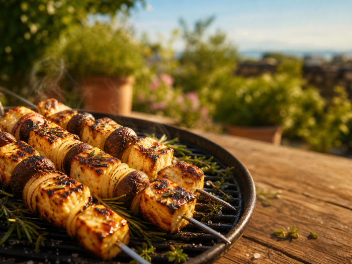 Brochettes de Halloumi grillé, champignons et oignons sur un barbecue, lumière chaude du soir, décor estival.