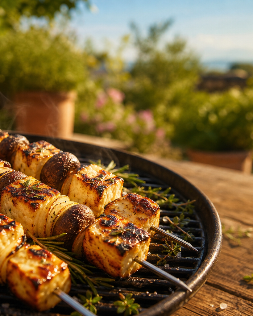 Brochettes de Halloumi grillé, champignons et oignons sur un barbecue, lumière chaude du soir, décor estival.